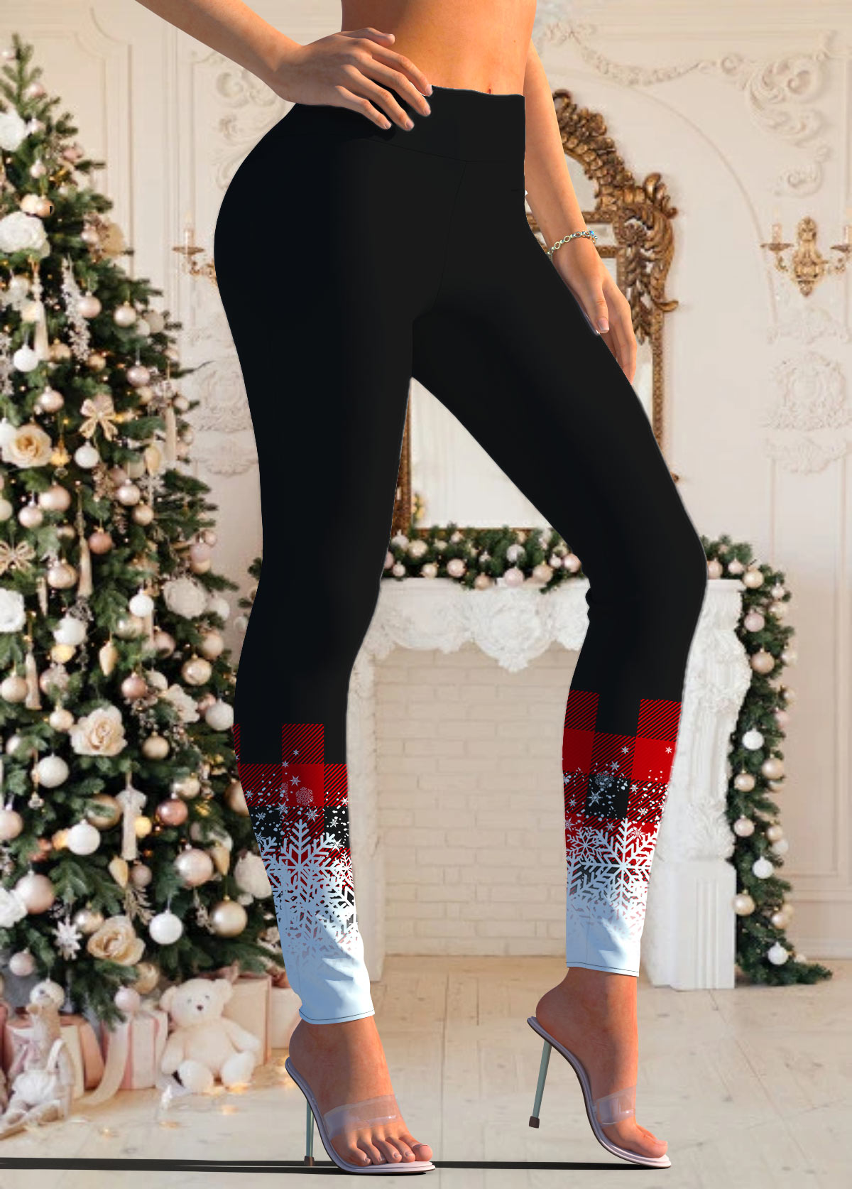 Christmas Red Snowflake Print Mid Waisted Leggings