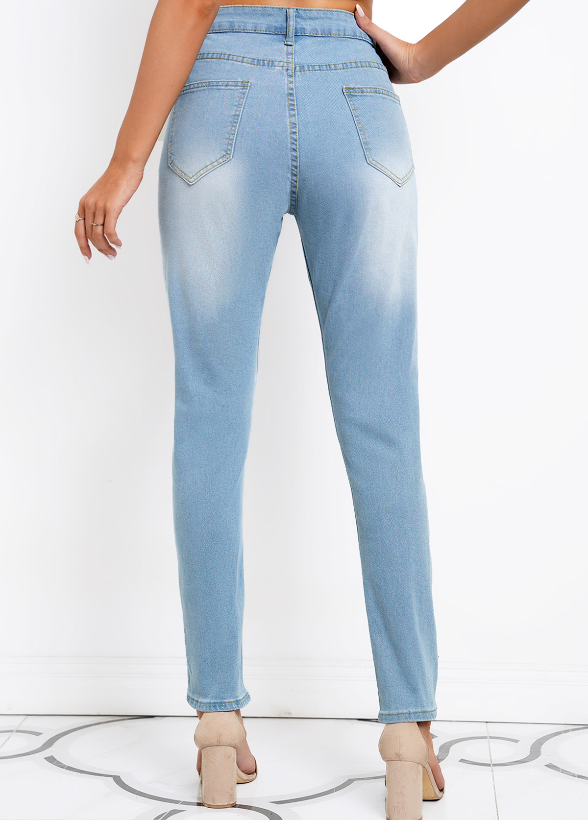 Denim Blue Skinny High Waisted Button Jeans