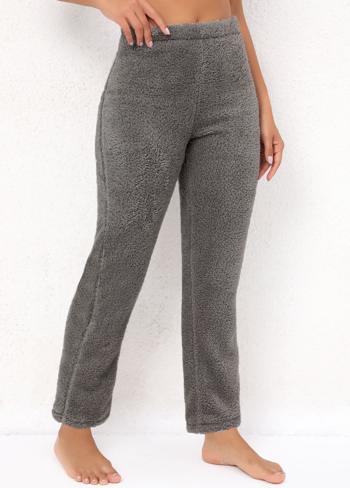 Grey Elastic Waist High Waisted Plush Pants