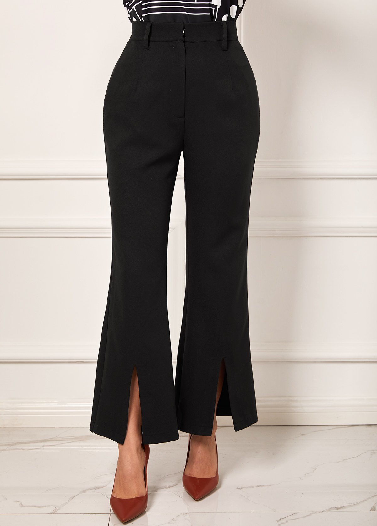 Black Front Slit High Waist Flare Pants