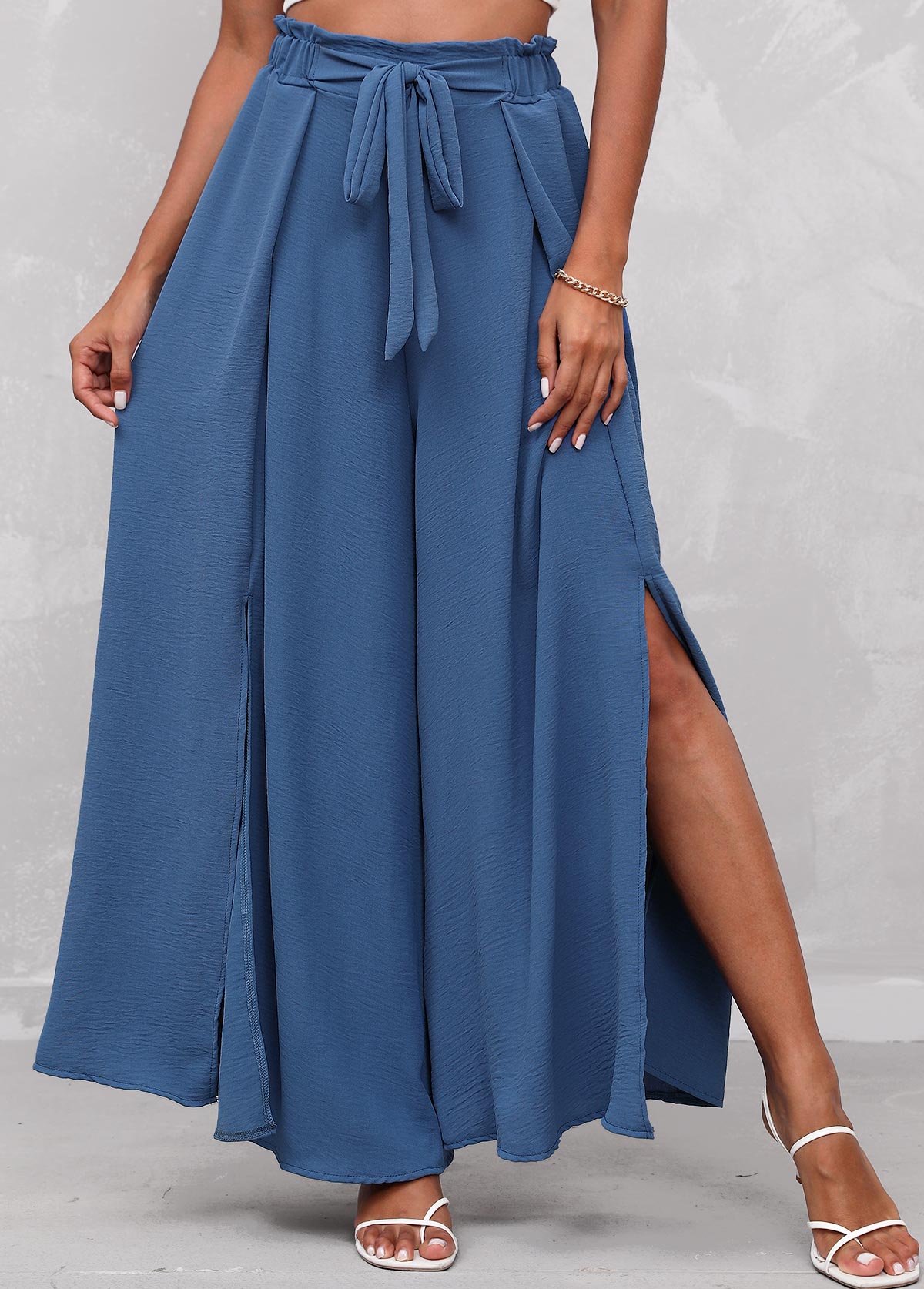 High Waisted Blue Side Slit Tie Front Pants